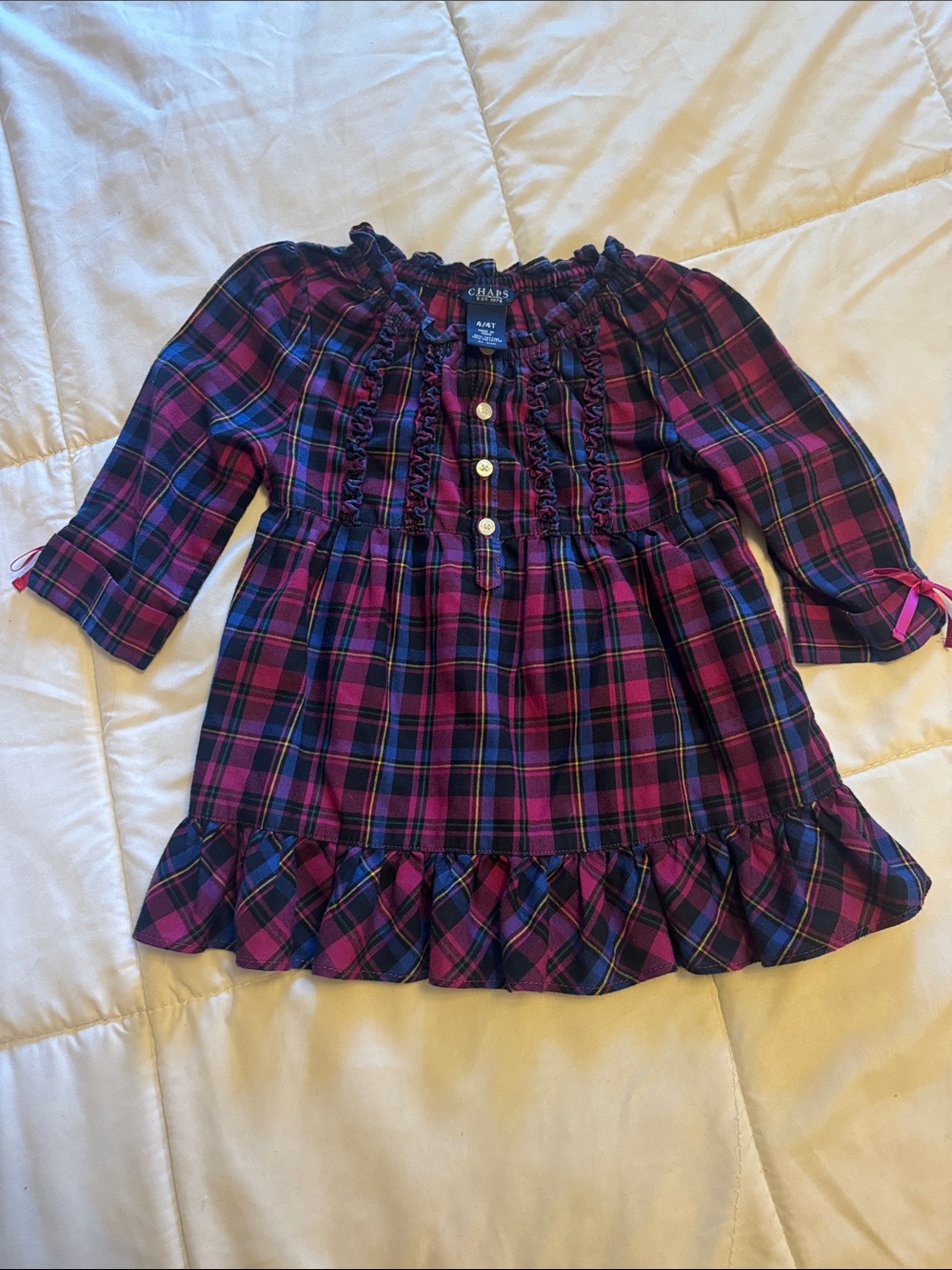 Chaps Pink and Navy Plaid Ruffle-Trim Tunic